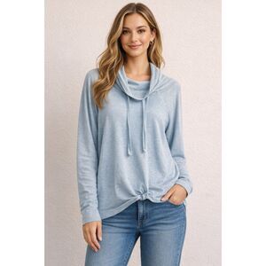 Signature Studio Women Light Blue Cowl Neck Pullover Top Long Sleeve Tie Front L